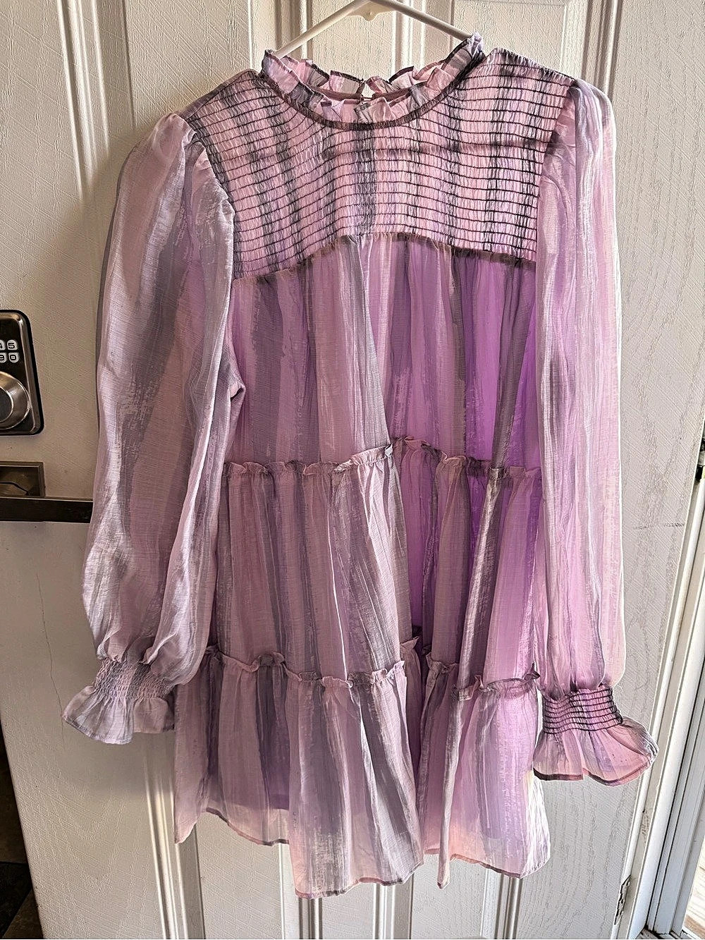 entro Tiered Sheer Mini Dress in Pink & Purple Size Medium